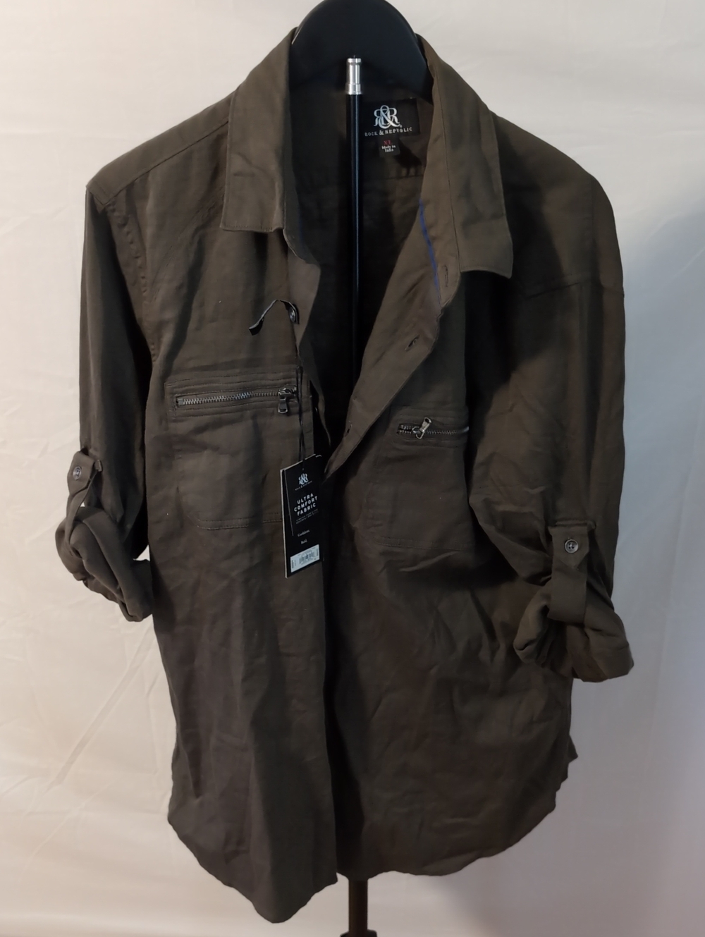 NWT Rock & Republic Men's Ultra Comfort Stretch Utility Shirt Olive XL